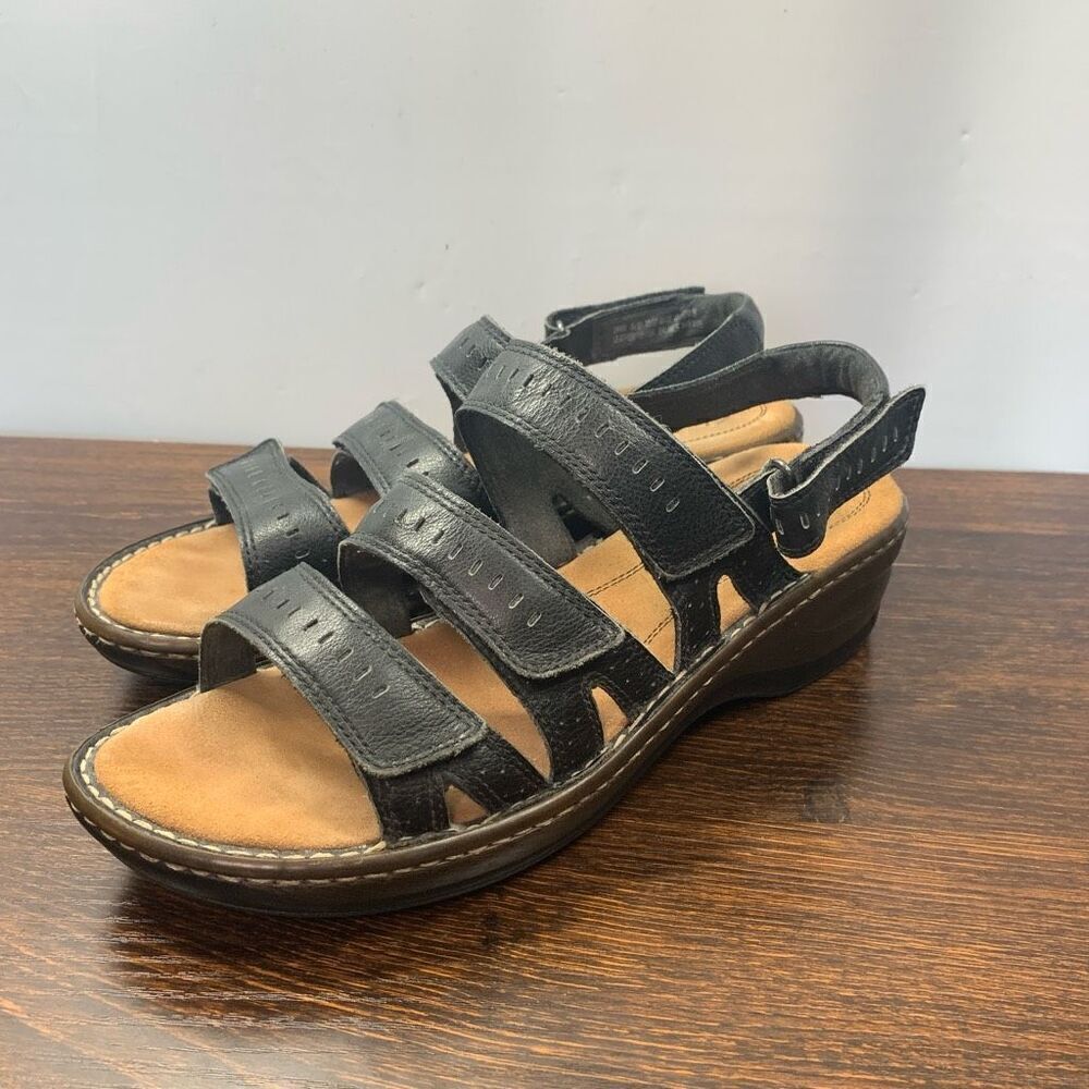 Clarks Women's Black Leather Open Toe Hook-and-Loop Strappy Sandals Size 9.5